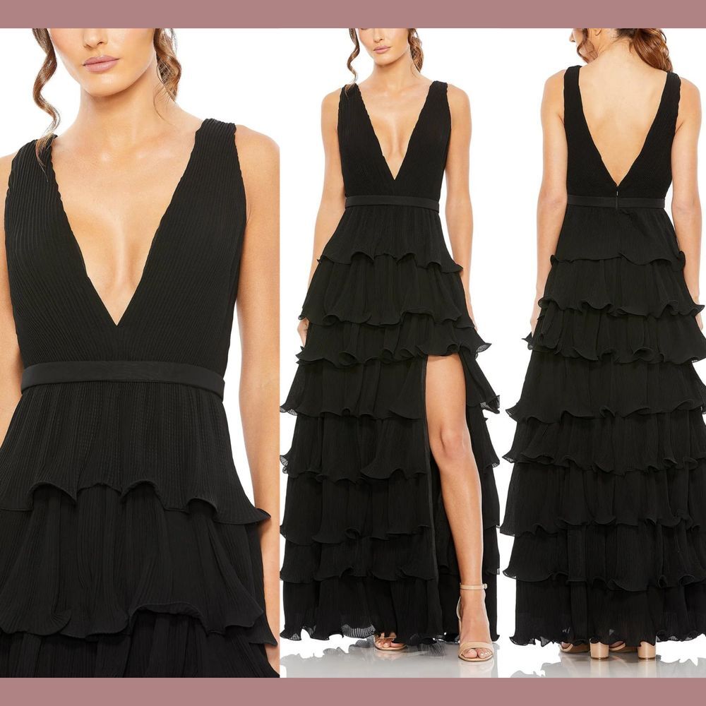 NWT $458 IEENA Mac Duggal [ 4‎ ] Sleeveless Ruffle Tiered V Neck Gown Black Q825